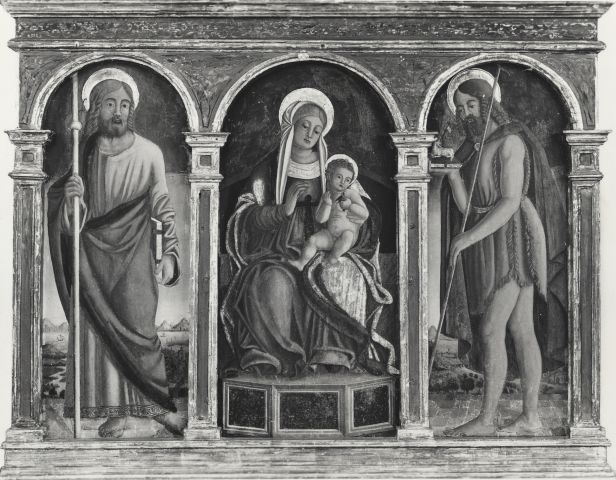 Burloni — Matteo Cesa (?) Sec. XV. La Madonna col Bambino fra S. Giacomo e S. Giovanni Battista. Belluno - Museo Civico — insieme